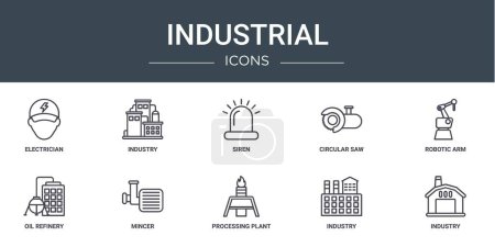 set of 10 outline web industrial icons such as electrician, industry, siren, circular saw, robotic arm, oil refinery, mincer vector icons for report, presentation, diagram, web design, mobile app
