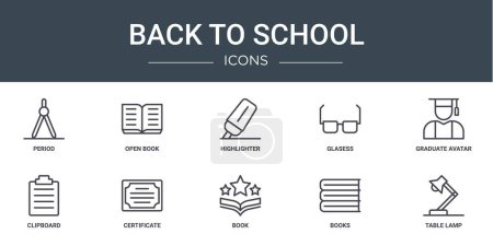 set of 10 outline web back to school icons such as period, open book, highlighter, glasess, graduate avatar, clipboard, certificate vector icons for report, presentation, diagram, web design, mobile