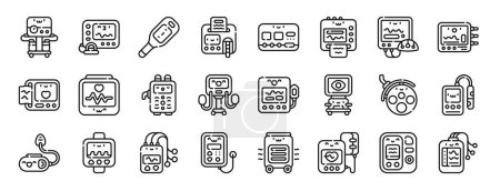 Illustration for Set of 24 outline web medical electronic devices icons such as surgical aspirator, defibrillator, digital thermometer, urine, esu, fetal monitor, eeg vector icons for report, presentation, diagram, - Royalty Free Image
