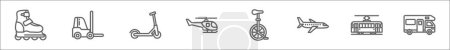 outline set of transportation line icons. linear vector icons such as roller skate, forklift, kick scooter, helicopter, unicycle, airplane, tram, camper van