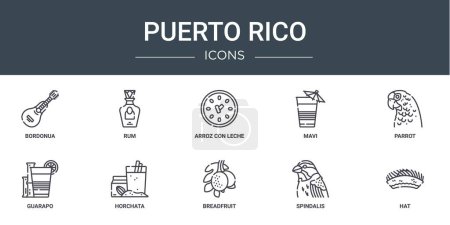 10 umrissene Web-Puerto-Rico-Symbole wie Bordonua, Rum, arroz con leche, Mavi, Papagei, Guarapo, Horchata-Vektorsymbole für Bericht, Präsentation, Diagramm, Webdesign, mobile App