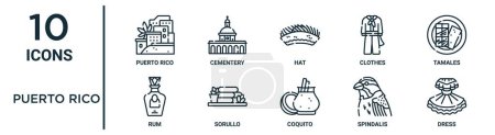 puerto rico outline icon set such as thin line puerto rico, hat, tamales, sorullo, spindalis, dress, rum icons for report, presentation, diagram, web design