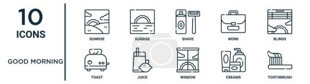 Téléchargez les illustrations : Bon ensemble d'icônes de contour du matin telles que le lever du soleil, le rasage, les stores, le jus, les crèmes, la brosse à dents, les icônes de pain grillé pour rapport, présentation, diagramme, conception Web - en licence libre de droit