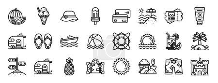 set of 24 outline web summer holiday icons such as watermelon, ice cream, beach hat, ice cream, credit card, vacation, ticket vector icons for report, presentation, diagram, web design, mobile app