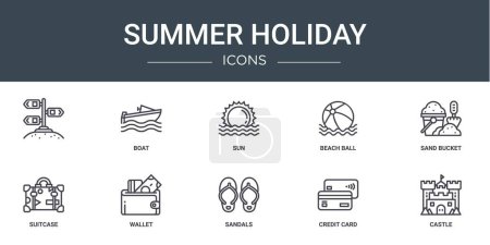 set of 10 outline web summer holiday icons such as , boat, sun, beach ball, sand bucket, suitcase, wallet vector icons for report, presentation, diagram, web design, mobile app