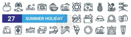 set of 27 outline web summer holiday icons such as coconut, palm tree, waves, pants, wallet, passport, ice cream, sunblock vector thin line icons for web design, mobile app.