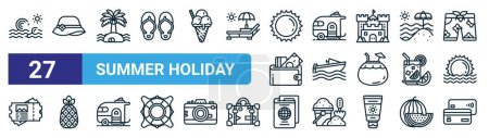set of 27 outline web summer holiday icons such as waves, beach hat, palm tree, trailer, boat, pine, passport, credit card vector thin line icons for web design, mobile app.