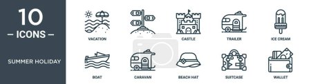 Sommerurlaub umreißt Symbolset enthält dünne Linie Urlaub,, Burg, Anhänger, Eis, Boot, Wohnwagen Symbole für Bericht, Präsentation, Diagramm, Webdesign