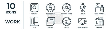 work outline icon set such as thin line safe box, working hours, work station, folder, responsive de, fax hine, clo icons for report, presentation, diagram, web design