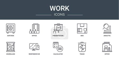 set of 10 outline web work icons such as safe box, office, presentation, box, analytic, hourglass, responsive de vector icons for report, presentation, diagram, web design, mobile app