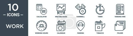 work outline icon set includes thin line calculator, meeting room, dumbbell, timer, vending hine, working hours, calendar icons for report, presentation, diagram, web design