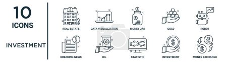 investment outline icon set such as thin line real estate, money jar, robot, oil, investment, money exchange, breaking news icons for report, presentation, diagram, web design
