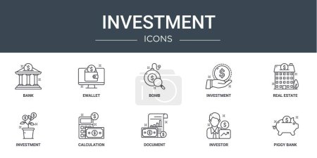 Illustration for Set of 10 outline web investment icons such as bank, ewallet, bomb, investment, real estate, investment, calculation vector icons for report, presentation, diagram, web design, mobile app - Royalty Free Image
