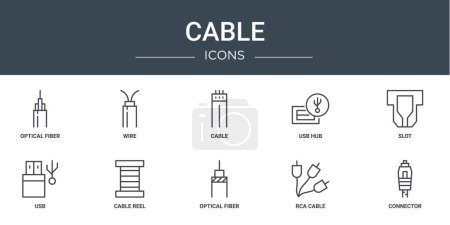 Ilustración de Conjunto de 10 iconos de cable web esquema tales como fibra óptica, alambre, cable, concentrador USB, ranura, usb, iconos de vector de carrete de cable para el informe, presentación, diagrama, diseño web, aplicación móvil - Imagen libre de derechos