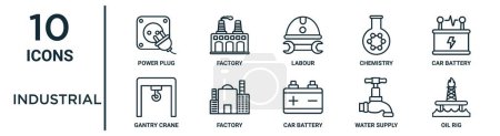 industrial outline icon set such as thin line power plug, labour, car battery, factory, water supply, oil rig, gantry crane icons for report, presentation, diagram, web design