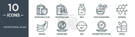 Ernährungsplan umreißt Symbolset enthält dünne Linie Ernährungsplan, Ernährungsplan, Milch, gutes Cholesterin, Enzyme, Banane, Natriumfreie Symbole für Bericht, Präsentation, Diagramm, Webdesign