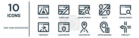 map and navigation outline icon set such as thin line navigation, online search, online search, location pin, office building, turn left, turn right icons for report, presentation, diagram, web
