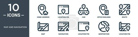 Das Karten- und Navigationssymbolset beinhaltet eine dünne Linie mit Home-Adresse, Standort-Pin, Auto, Bürogebäude, Route, Karte, Navigationssymbolen für Bericht, Präsentation, Diagramm, Webdesign