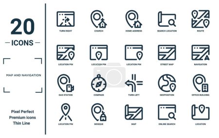 map and navigation linear icon set. includes thin line turn right, location pin, gas station, location pin, location, pin, office building icons for report, presentation, diagram, web design