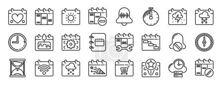 set of 24 outline web calendar and date icons such as valentines day, schedule, sunny, delete event, volume, stopwatch, storm vector icons for report, presentation, diagram, web design, mobile app
