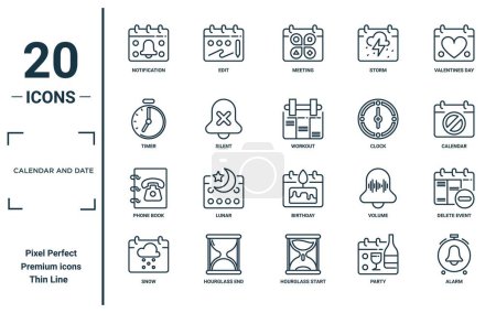calendar and date linear icon set. includes thin line notification, timer, phone book, snow, alarm, workout, delete event icons for report, presentation, diagram, web design