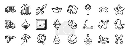 Ilustración de Conjunto de 24 iconos de juguetes web esquema como juguete, xilófono, espada, barco de papel, dados, sonajero, iconos de vectores de consola de juegos para el informe, presentación, diagrama, diseño web, aplicación móvil - Imagen libre de derechos