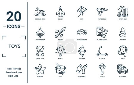 Ilustración de Conjunto de iconos lineales juguetes. incluye caballo mecedora de línea delgada, peonza, oso de peluche, rompecabezas, camión de juguete, consola de juegos, iconos de yoyo para el informe, presentación, diagrama, diseño web - Imagen libre de derechos