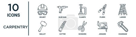 carpentry outline icon set such as thin line helmet, clamps, ladder, cutter, jigsaws, chainsaw, mallet icons for report, presentation, diagram, web design