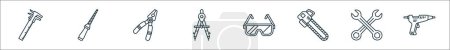 Umrisse von Tischlerzeilen-Symbolen. lineare Vektorsymbole wie Messschieber, Raspel, Zange, Zeichenkompass, Schutzbrille, Kettensäge, Schraubenschlüssel, Klebepistole