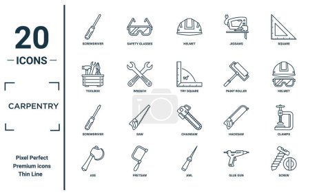 conjunto de iconos lineales de carpintería. incluye destornillador de línea delgada, caja de herramientas, destornillador, hacha, tornillo, tratar de cuadrado, abrazaderas iconos para el informe, presentación, diagrama, diseño web