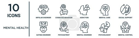 conjunto de iconos de esquema de salud mental como trastorno bipolar de línea delgada, adicción, apoyo social, psiquiatra, psicólogo, control mental, iconos de trastorno alimentario para informe, presentación, diagrama, web