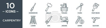 conjunto de iconos de contorno de carpintería incluye destornillador de línea delgada, mazo, caja de herramientas, alicates, pincel de pintura, escalera, iconos de sierra para el informe, presentación, diagrama, diseño web
