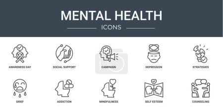 set of 10 outline web mental health icons such as awareness day, social support, campaign, depression, strategies, grief, addiction vector icons for report, presentation, diagram, web design, mobile