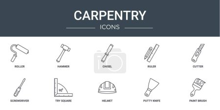 set of 10 outline web carpentry icons such as roller, hammer, chisel, ruler, cutter, screwdriver, try square vector icons for report, presentation, diagram, web design, mobile app