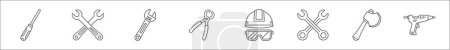 Umrisse von Tischlerzeilen-Symbolen. Linearvektorsymbole wie Schraubenzieher, Schraubenschlüssel, Schraubenschlüssel, Zange, Helm, Schlüssel, Axt, Klebepistole