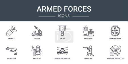 set of 10 outline web armed forces icons such as missile, missile, valor, explosive, armed forces, short gun, infantry vector icons for report, presentation, diagram, web design, mobile app