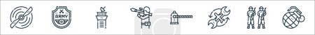 Ilustración de Esquema conjunto de iconos de línea de las fuerzas armadas. iconos vectoriales lineales como hélice de avión, fuerzas armadas, puesto de observación, bazuca, punto de control, mantenimiento de aeronaves, fuerzas armadas, granada - Imagen libre de derechos