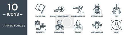 armed forces outline icon set includes thin line waving flag, aircraft maintenance, reconnaissance, special forces, tent, explosive, commander icons for report, presentation, diagram, web design