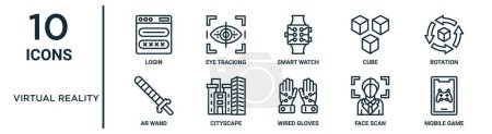 virtual reality outline icon set such as thin line login, smart watch, rotation, cityscape, face scan, mobile game, ar wand icons for report, presentation, diagram, web design