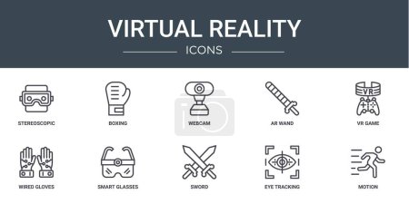 set of 10 outline web virtual reality icons such as stereoscopic, boxing, webcam, ar wand, vr game, wired gloves, smart glasses vector icons for report, presentation, diagram, web design, mobile app
