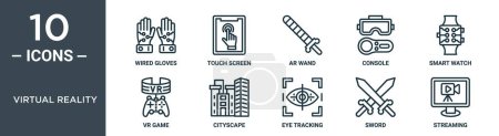 El conjunto de iconos de contorno de realidad virtual incluye guantes con cable de línea delgada, pantalla táctil, varita ar, consola, reloj inteligente, juego vr, iconos de paisaje urbano para informe, presentación, diagrama, diseño web