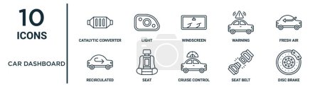 Téléchargez les illustrations : Jeu d'icônes de contour de tableau de bord de voiture telles que convertisseur catalytique à ligne mince, pare-brise, air frais, siège, ceinture de sécurité, frein à disque, icônes recirculées pour rapport, présentation, diagramme, conception Web - en licence libre de droit