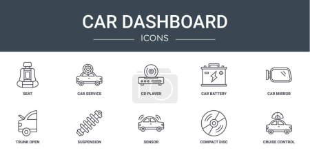 set of 10 outline web car dashboard icons such as seat, car service, cd player, car battery, mirror, trunk open, suspension vector icons for report, presentation, diagram, web design, mobile app