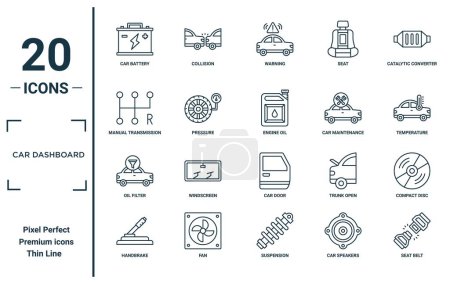 car dashboard linear icon set. includes thin line car battery, manual transmission, oil filter, handbrake, seat belt, engine oil, compact disc icons for report, presentation, diagram, web design