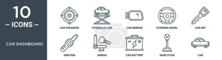 car dashboard outline icon set includes thin line car speakers, hydraulic car, mirror, steering wheel, key, ignition, airbag icons for report, presentation, diagram, web design