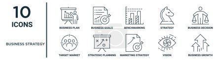 business strategy outline icon set such as thin line business plan, benchmarking, business decision, strategic planning, vision, growth, target market icons for report, presentation, diagram, web