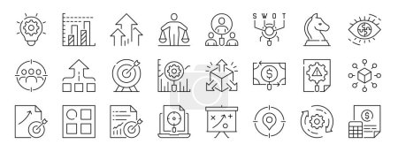 set of 24 outline web business strategy icons such as process improvement, benchmarking, business growth, business decision, customer choice, swot analysis, strategy vector icons for report,