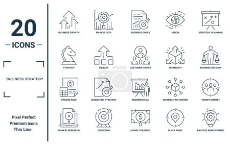 Lineare Icons für die Geschäftsstrategie. beinhaltet Geschäftswachstum, Strategie, Preisseite, Marktforschung, Prozessverbesserung, Kundenauswahl, Zielmarkt-Symbole für Bericht, Präsentation,