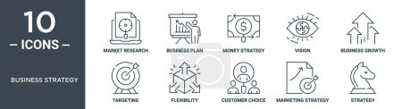 business strategy outline icon set includes thin line market research, business plan, money strategy, vision, business growth, targeting, flexibility icons for report, presentation, diagram, web