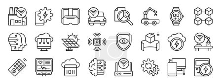 Satz von 24 umreißen Web-Internet der Dinge Symbole wie Smart Factory, Energiemanagement, Virtual Reality, vernetztes Auto, Datenanalyse, autonome, tragbare Technogy-Vektor-Symbole für den Bericht,